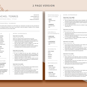 May include: A two-page resume template with a beige background and brown accents. The resume is for Rachel Torres, who is applying for a professional position. The resume includes sections for professional summary, skills, work experience, education, awards and achievements, interests, and references.
