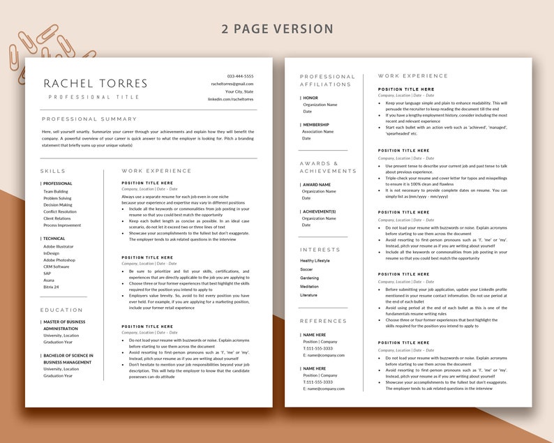 May include: A two-page resume template with a beige background and brown accents. The resume is for Rachel Torres, who is applying for a professional position. The resume includes sections for professional summary, skills, work experience, education, awards and achievements, interests, and references.