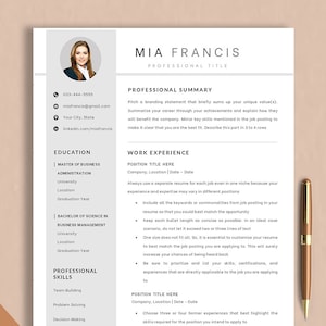 May include: A black and white resume template with the name Mia Francis at the top. The resume includes sections for professional summary, education, work experience, and professional skills. The template is designed to help job seekers create a professional and effective resume.
