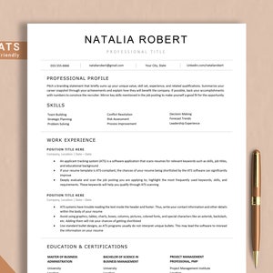 May include: A black and white CV template with the text "ATS Friendly" at the top. The CV is for Natalia Robert and includes sections for professional profile, skills, work experience, education and qualifications. The CV also includes a list of keywords that are commonly used in applicant tracking systems (ATS).
