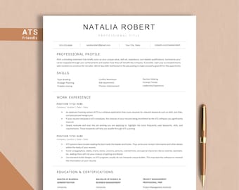 May include: A black and white resume template with the text "ATS Friendly" at the top. The resume is for Natalia Robert and includes sections for professional profile, skills, work experience, education and certifications. The resume also includes a list of keywords that are commonly used in applicant tracking systems (ATS).