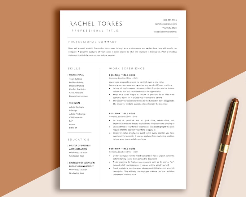 May include: A black and white resume template with the title "Rachel Torres" at the top. The resume includes sections for professional summary, skills, work experience, and education.