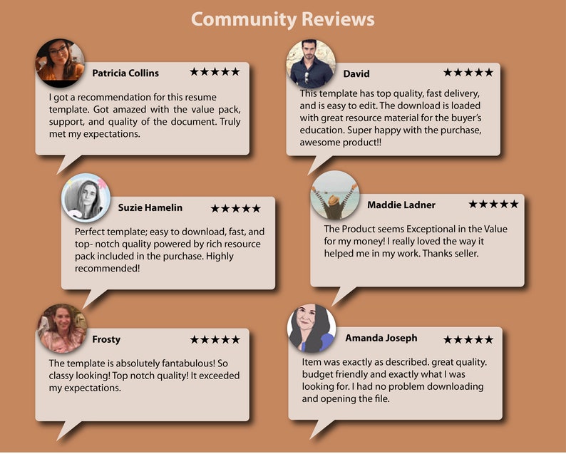 May include: Five customer reviews with a star rating system. Each review includes a headshot of the reviewer and a short testimonial about the product. The reviews are positive and highlight the quality, value, and ease of use of the product.