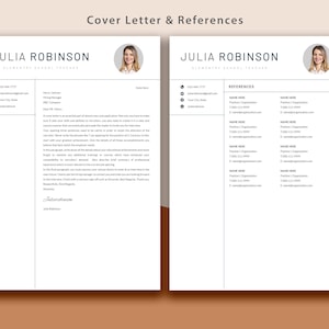 May include: A resume template with a cover letter and references section. The template features a professional design with a modern font and a clean layout. The cover letter includes a space for a photo and contact information. The references section includes a table with space for names, titles, organizations, phone numbers, and email addresses.