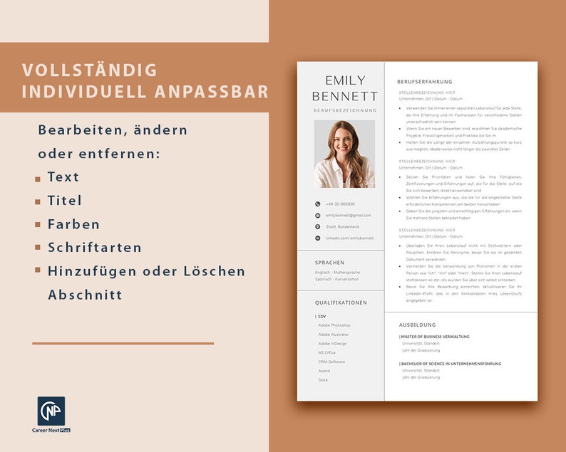 Op de afbeelding: Een cv-sjabloon met een bruine achtergrond en een witte rand. De sjabloon is volledig aanpasbaar en bevat secties voor werkervaring, vaardigheden, opleiding en contactgegevens. De sjabloon is ontworpen om te worden gebruikt met een professionele cv-generator.