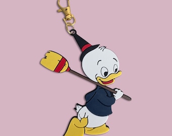 Huey Duck Witch Bag Charm – Halloween Disney Keychain, Cute Donald Duck Nephew, Broomstick Purse Accessory, Spooky Season Gift