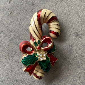 Vintage Christmas Candy Cane Brooch Pendant Rhinestone Enamel Vintage Unsigned.