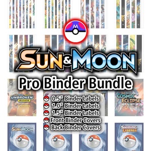 Sun & Moon Series PRO Binder-bundel | 0,5", 1,0", 1,5" Binder Labels + Front Binder Cover + Back Binder Cover - Organiseer Pokemon-kaarten