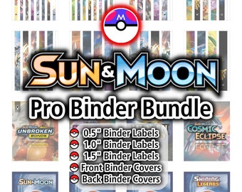 Sun & Moon Series PRO Binder Bundle | 0.5" , 1.0", 1.5" Binder Labels + Front Binder Cover + Back Binder Cover - Organize Pokemon Cards