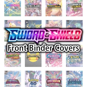 May include: A collage of Pokemon Trading Card Game binder covers featuring various Sword & Shield expansions, including Rebel Clash, Darkness Ablaze, Champion's Path, Evolving Skies, Celebrations, Fusion Strike, Brilliant Stars, Astral Radiance, Pokemon GO, Lost Origin, and Silver Tempest.