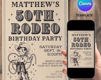 Invitación de cumpleaños para hombre, 50.º cumpleaños de rodeo de vaquero occidental, invitación de cumpleaños retro, invitación para fiesta de 50.º cumpleaños, descarga digital