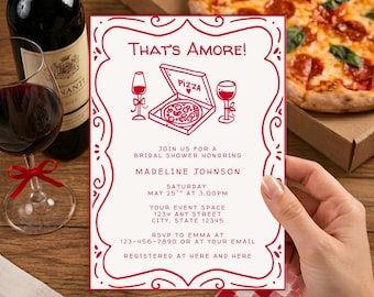 Invitación para despedida de soltera "That's Amore", invitación para despedida de soltera italiana, despedida de soltera con temática de pizza italiana, invitación dibujada a mano, plantilla editable de Canva.