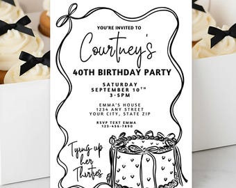 Invitación de 40 cumpleaños, Atando los Treinta, Invitación digital, Cumpleaños con lazo coqueto, Descarga instantánea, Plantilla editable de Canva