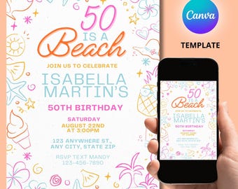 Invitación de cumpleaños "50 Is A Beach", temática playera para 50 cumpleaños, invitación para fiesta de 50 años, invitación digital para mujeres, plantilla de invitación