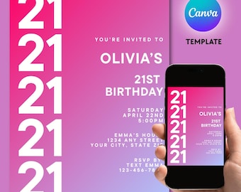Invitación de cumpleaños número 21 con degradado rosa moderno, plantilla imprimible de Canva, invitación de cumpleaños importante, invitación para fiesta de cumpleaños Aura