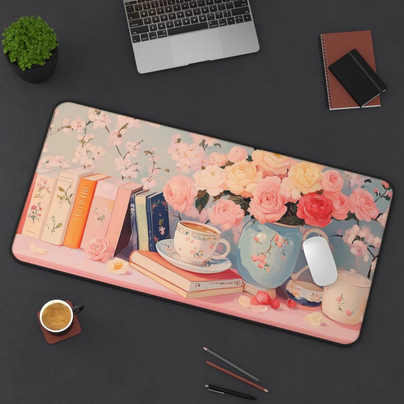 Desk Mat Aesthetic, Pink Pastel Floral Desk Mat, Cute Desk Pad for ...