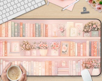 Alfombrilla de escritorio con diseño de libros, con flores rosas pastel, ideal como regalo para amantes de los libros, bonita alfombrilla de escritorio, alfombrilla de ratón grande para mujer, decoración de escritorio y oficina.