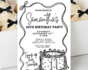Invitación de cumpleaños número 30 de "Atando sus Veinte", invitación digital, invitación de cumpleaños con lazo coqueto, descarga instantánea, plantilla editable de Canva