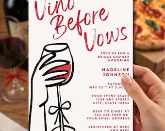 Invitación para despedida de soltera "Vino antes de los votos", invitación original dibujada a mano para despedida de soltera italiana, despedida de soltera en Italia, plantilla editable de Canva.