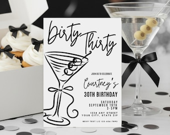 Invitación digital para el 30.º cumpleaños de Dirty Thirty, fiesta de coqueta Dirty Thirty, fiesta de cumpleaños de martini, plantilla editable de Canva