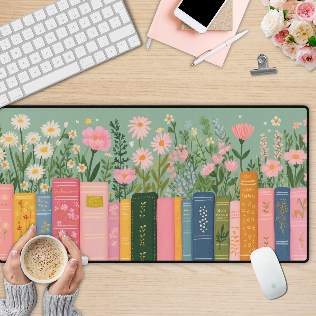 Bookish Aesthetic Desk Mat, Books Pastel Floral Girly, Book Lover Gift ...