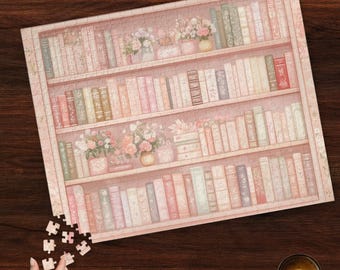 Bookish Jigsaw Puzzle for Adults, Book Lover Gift, Cute Pastel Bookshelf With Flowers, Family Game Night, Book Puzzle, Unique Puzzles