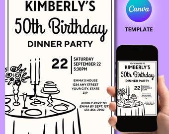 Invitación de cumpleaños número 50, descarga de invitación de cumpleaños original, invitación de cumpleaños moderna, cumpleaños importante, plantilla editable de Canva