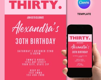 Invitación digital para 30 cumpleaños, rosa y roja, moderna plantilla de invitación para adultos, descarga instantánea, plantilla editable de Canva