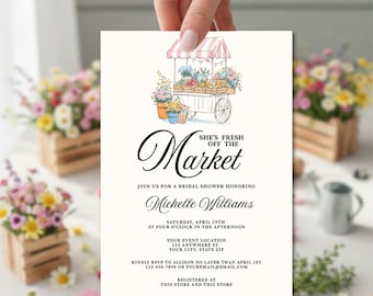 Invitación para despedida de soltera "Recién salida del mercado", plantilla de invitación para despedida de soltera, temática de mercado de agricultores, plantilla de Canva con un toque caprichoso