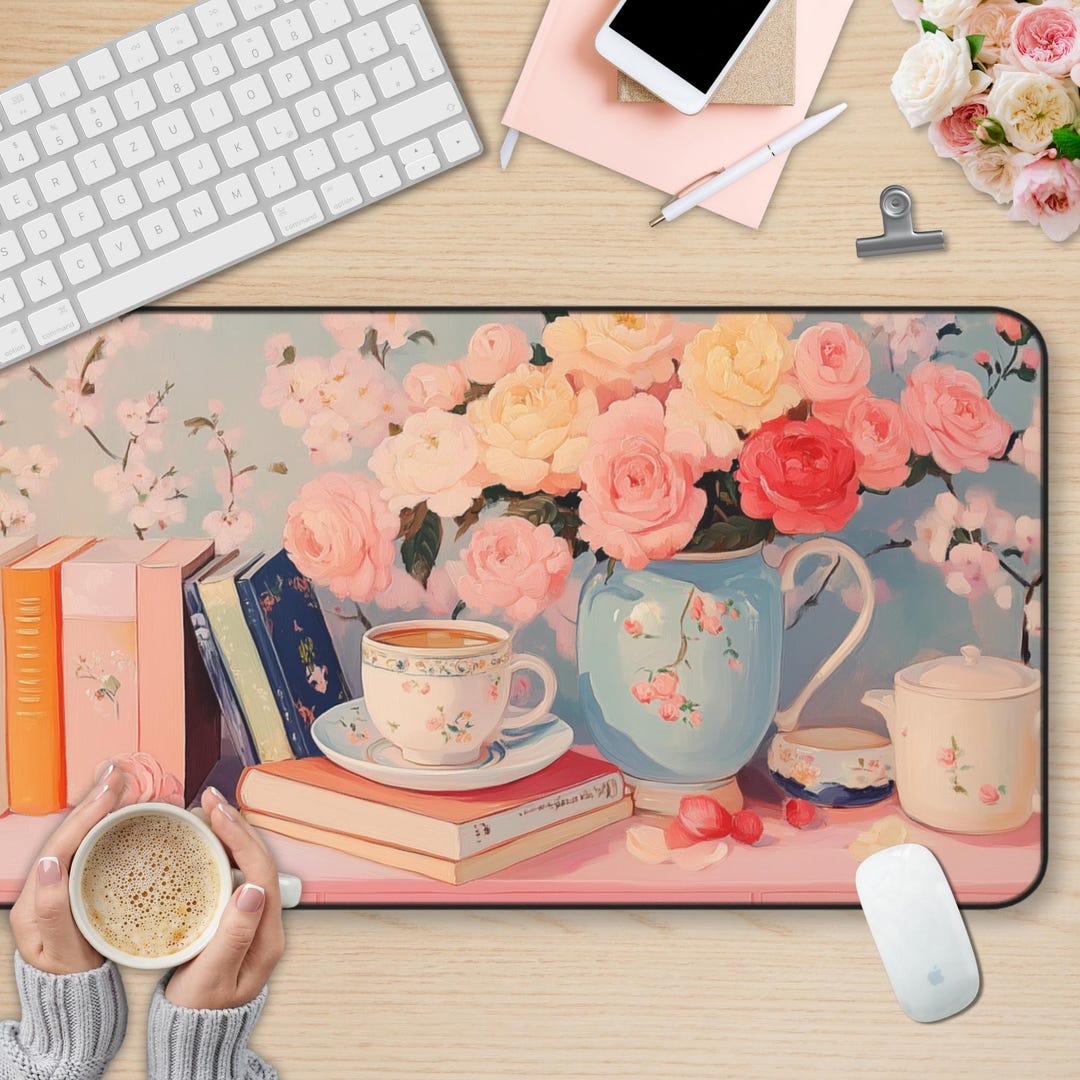 Desk Mat Aesthetic, Pink Pastel Floral Desk Mat, Cute Desk Pad for ...