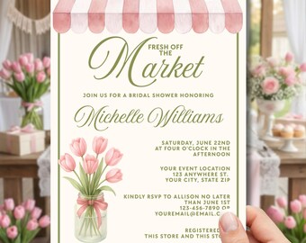 Invitación para despedida de soltera "Recién salida del mercado", plantilla de invitación para despedida de soltera, temática de mercado de agricultores, plantilla de Canva con un toque caprichoso