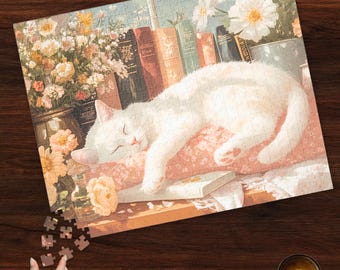 Rompecabezas para adultos, lindo gato durmiendo, regalo para amantes de los libros, noche de juegos en familia, regalos para amantes de los gatos, rompecabezas de libros