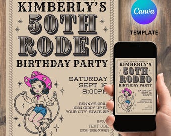 Invitación de 50 cumpleaños, vaquera retro del oeste, invitación digital para mujer, cumpleaños de 50 años con temática de rodeo, invitación para fiesta de 50 años