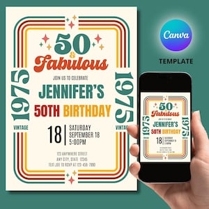 50 & Fabulous Birthday Invitation, Retro Vintage 50th Birthday, 1975 Birthday Invite Retro, Fiftieth Party Digital Invitation Template
