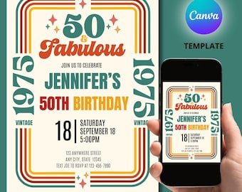 50 & Fabulous Birthday Invitation, Retro Vintage 50th Birthday, 1975 Birthday Invite Retro, Fiftieth Party Digital Invitation Template