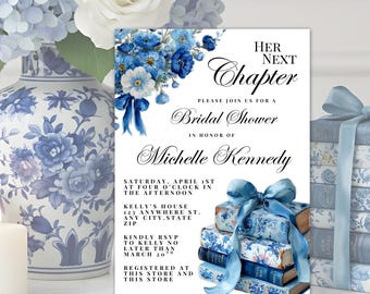 Invitación para despedida de soltera "Su próximo capítulo", Algo azul con temática de cuento, Comienza un nuevo capítulo, Elegante despedida de soltera con temática de libros, Plantilla de Canva