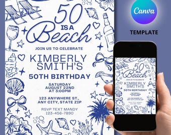 Invitación de cumpleaños "50 Is A Beach", temática playera para 50 cumpleaños, invitación para fiesta de 50 años, invitación digital para mujeres, plantilla de invitación