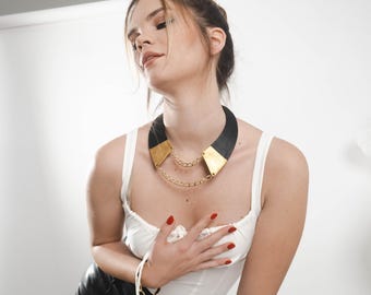 Black Leather Collar Necklace with Gold Chain, Modern Bold Fashion Statement Bib necklace