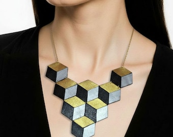 Handmade Geometric Leather Necklace, Black Silver Gold, Modern Architectural Statement jewelery