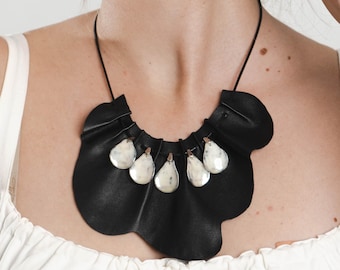 Handcrafted Leather Statement Bib Necklace, Mother-of-Pearl Teardrops, Modern Collar