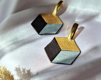 Handcrafted Geometric Leather 3D Cube Earrings, Modern Gold-Tone Earrings