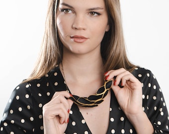 Artisan Black Leather Statement necklace, Unique Modern jewelry, Bib necklace