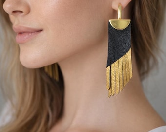 Black and Gold Leather Fringe Earrings, Gold Contemporary Geometric Statement Jewelry