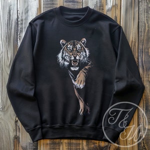 Vintage Y2K tijger dier grafisch ontwerp op zwarte zware mix sweater met ronde hals, tijgertrui, tijgercadeaus