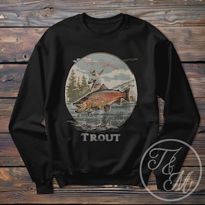 Vintage Style Trout Fly Fishing Graphic Design on Heavy Blend Crewneck Sweatshirt, Gifts for Fishermen, Fishing Gifts
