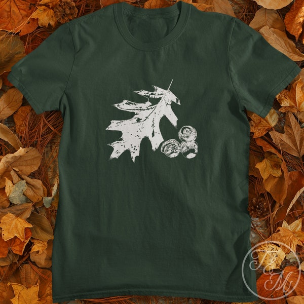 Minimalist Oak Leaf and Acorns Arboriculture design in White on Unisex Heavy Cotton Tee