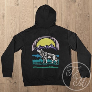 Simple Born Free Wolf Nature Design on Black Heavy Blend Hooded Sweatshirt, Gorpcore Design, Glamping Apparel, Countrycore Art