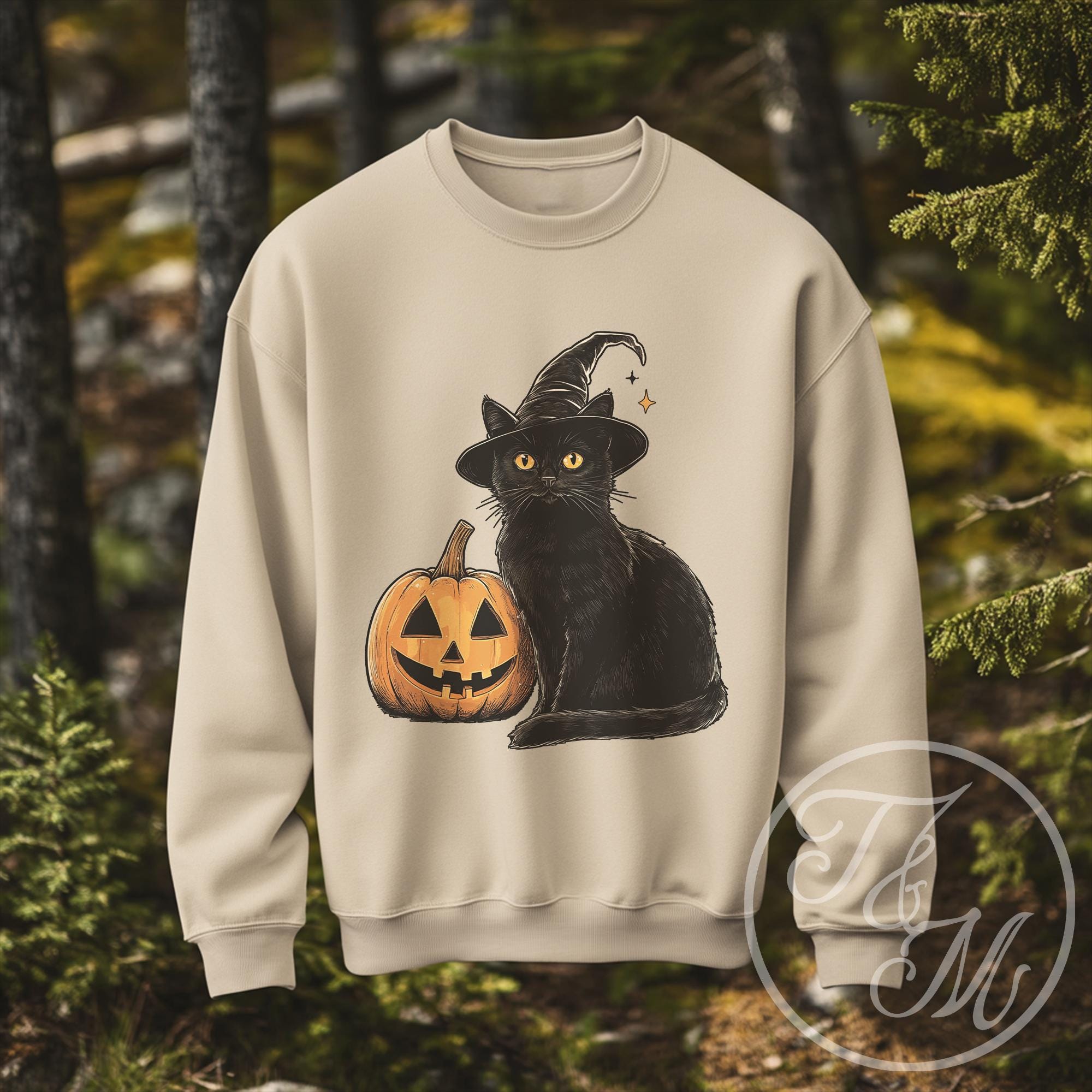Vintage Inspired Black Cat With Witch Hat and Pumpkin Halloween