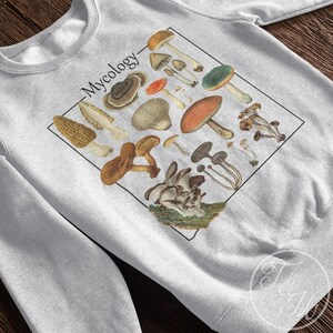 Mycology Mushroom Botanical Print on Unisex Heavy Blend Crewneck Sweatshirt, Cottagecore Mushroom Art, Mycology Forager Apparel