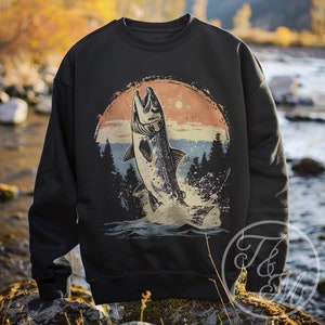 Vintage Inspired Trout Graphic Design on Heavy Blend Crewneck Sweatshirt, Fishing Gifts, Abstract Fish Art, Cottagecore Fish Design